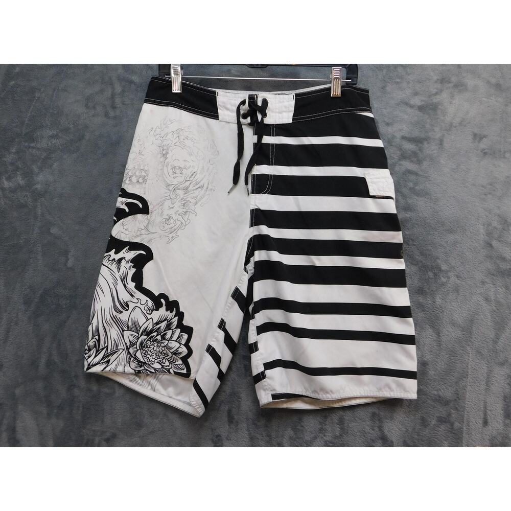 Micros Board Shorts Mens 32 Black White Striped Graphic Surf Swim Trunks Lace Up